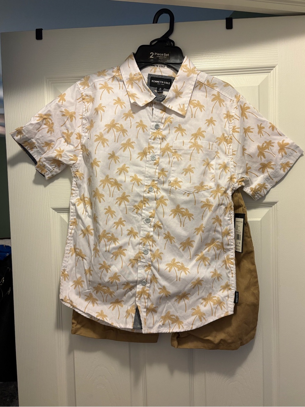 Kenneth Cole Boys White Short-Sleeve Palm Print Shirt - Gold Palm